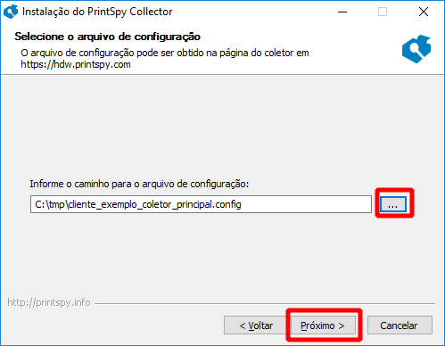 Captura de tela do instalador do coletor após selecionar o arquivo de configuração.