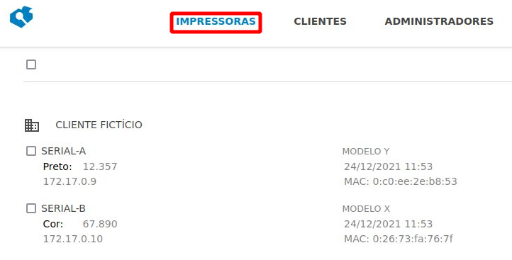 Captura de tela da lista de impressoras chamando a atenção para o menu principal PRINTERS.