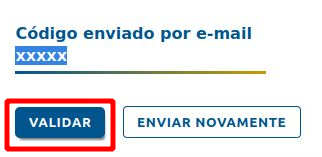 Captura de tela de um formulário que permite ao usuário validar um código, chamando a atenção para o botão &ldquo;Validar&rdquo;.